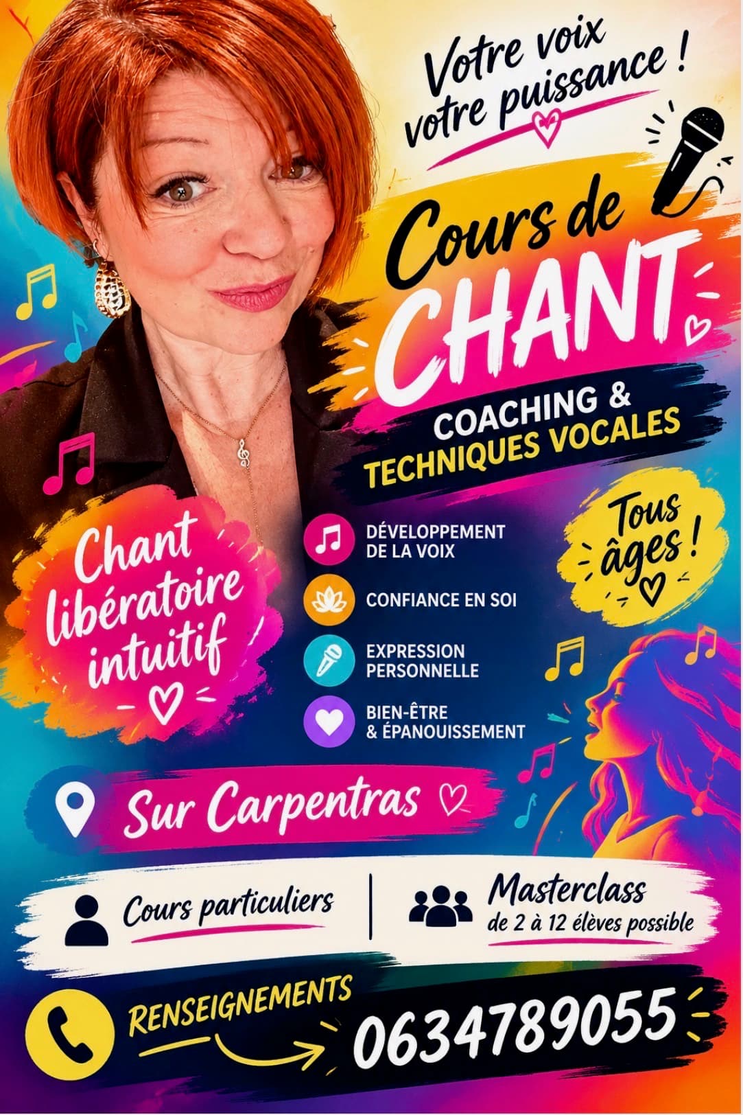 Flyer des cours de chant à Carpentras : coaching et techniques vocales, cours particuliers ou masterclass, tous âges, renseignements au 06 34 78 90 55